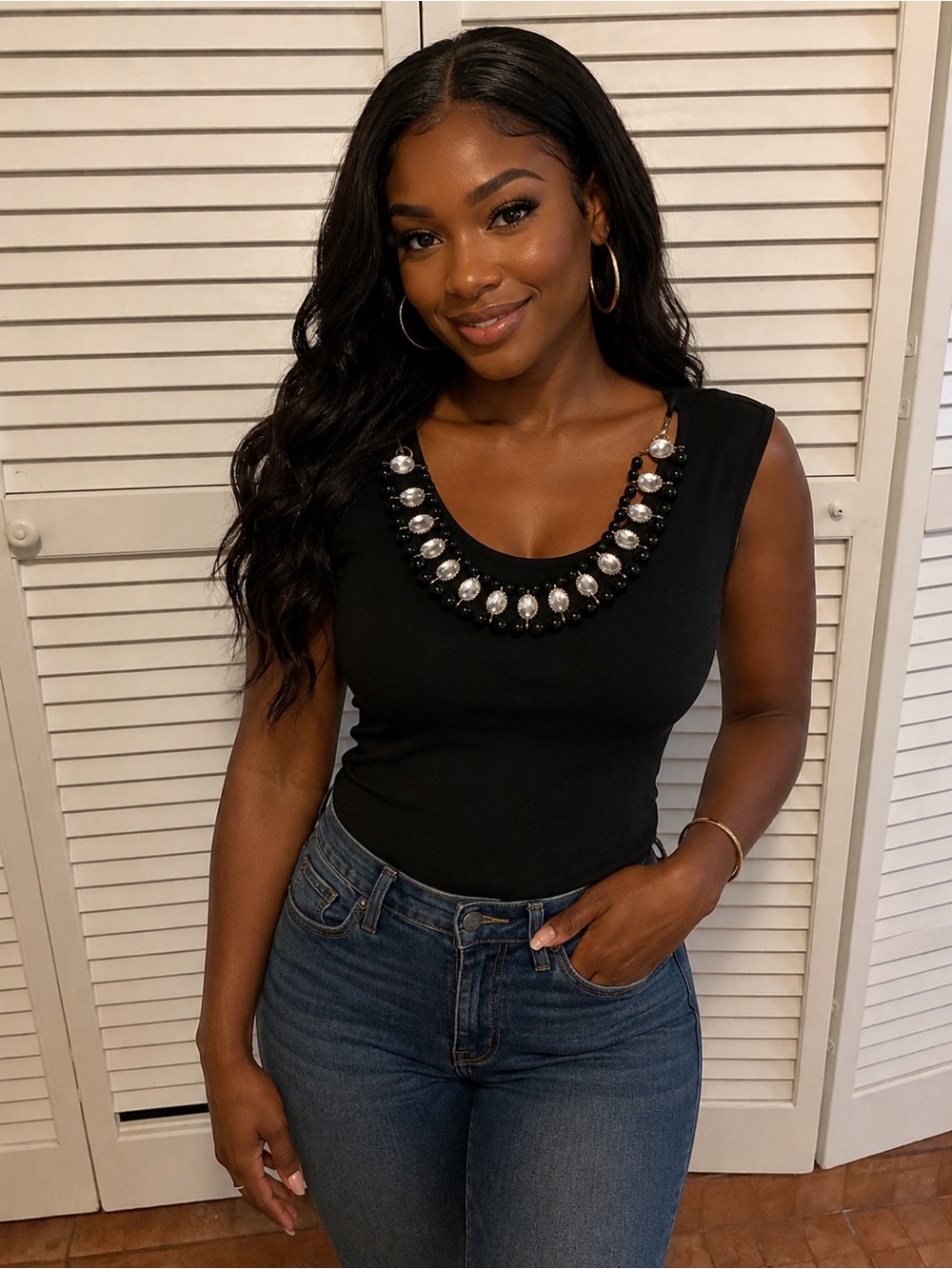Ashley Steward Sleeveless Black Jewel-Neck Women’s Top.